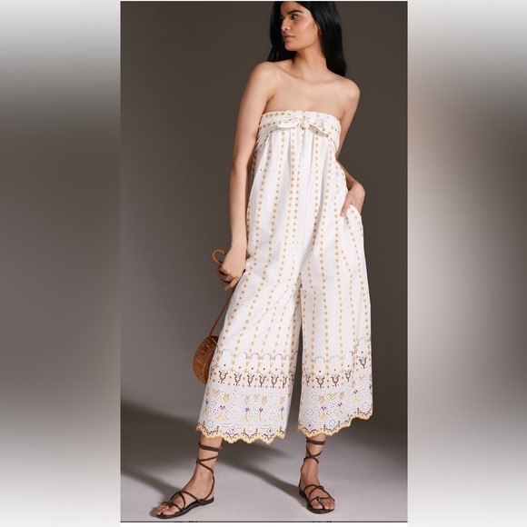 Anthropologie White and Gold Embroidered Jumpsuit Anthropologie White and Gold Embroidered Jumpsuit